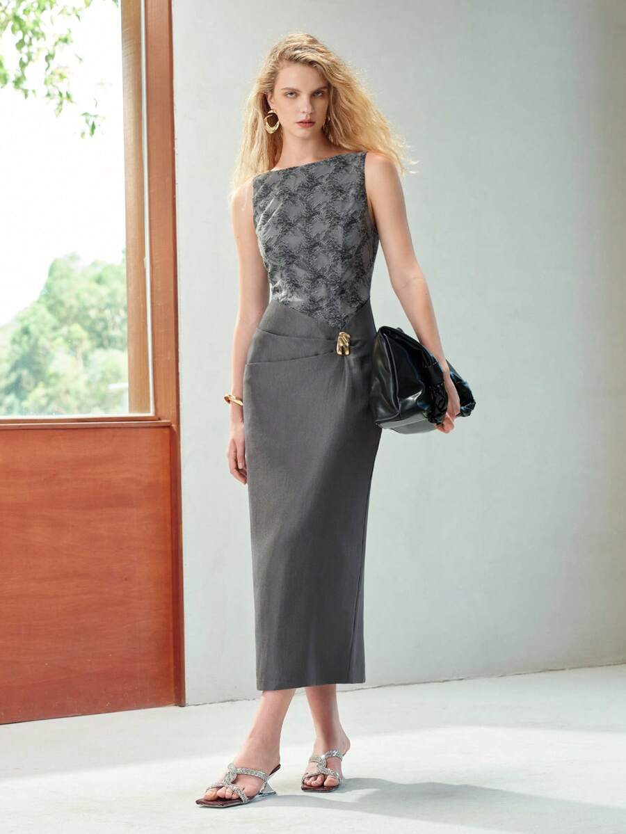 MOTF PREMIUM METAL DECOR SPLIT PATCHWORK DRESS - Grey - View 1