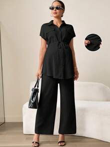 MaterniWear Conjunto de 2 piezas de blusa y pantalones de unicolor con cintura de cordón para maternidad - Negro - Ver 1