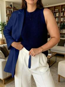 Franclia Plus Size Women's Spring/Summer New Hollow-Out Solid Color French Elegant Casual Chic Versatile Exquisite Gentle Sweater Vest Office Dates Navy Blue - Navy Blue - View 3