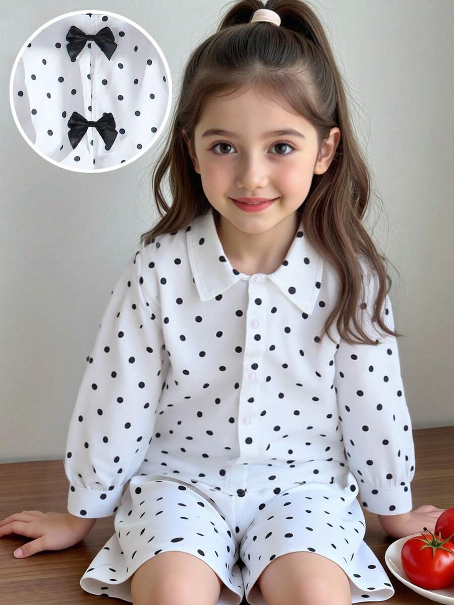 SHEIN Elladie kids 2件套女童拼接黑白波點不對稱領長袖條紋後背蝴蝶結裝飾上衣與黑白波點長褲,學院休閒風,適合四季穿著 - 白色 - 查看 1