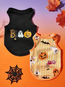 2pcs Pet Cat Dog Universal Halloween Striped Pumpkin Ghost Cartoon Pattern Printed Fashionable, Breathable And Comfortable Dog Vest, PETSIN Original Design - Multicolor - View 3