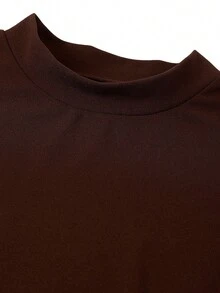 SHEIN Clasi 女款法式蕾絲拼接不對稱下擺T恤與純色裙子套裝 - 棕色 - 查看 4
