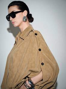 Lumivelle 女款美拉德風麂皮翻領披風大衣 - 卡其色 - 查看 7