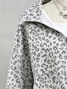 SHEIN Sweet & Cool Grey Leopard Print Half-Zip Sweatshirt, American Vintage Student Style, Loose & Slouchy Fit, Suitable For Girls & Women, Personalized Leopard Print Top, Spring/Autumn/Winter Outfit - Multicolor - View 4