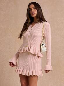 Enchnt Premium Pre-Fall Romantic Women's Pink Elegant Ruffle Hem Cardigan 2pcs/Set Top & Mini Skirt,Back To School,Casual Sets For Women,Work Outfits - Pink - View 5