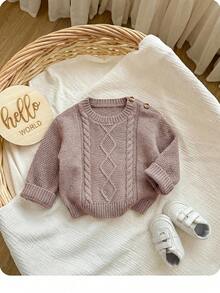 SHEIN Baby Girl Cable Knit Round Neck Long Sleeve Casual Versatile Autumn Winter Sweater - Khaki - View 2