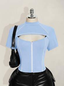 SHEIN ICON 女款大尺碼拼色立領鏤空休閒百搭日常穿著T恤 - 藍色 - 查看 1