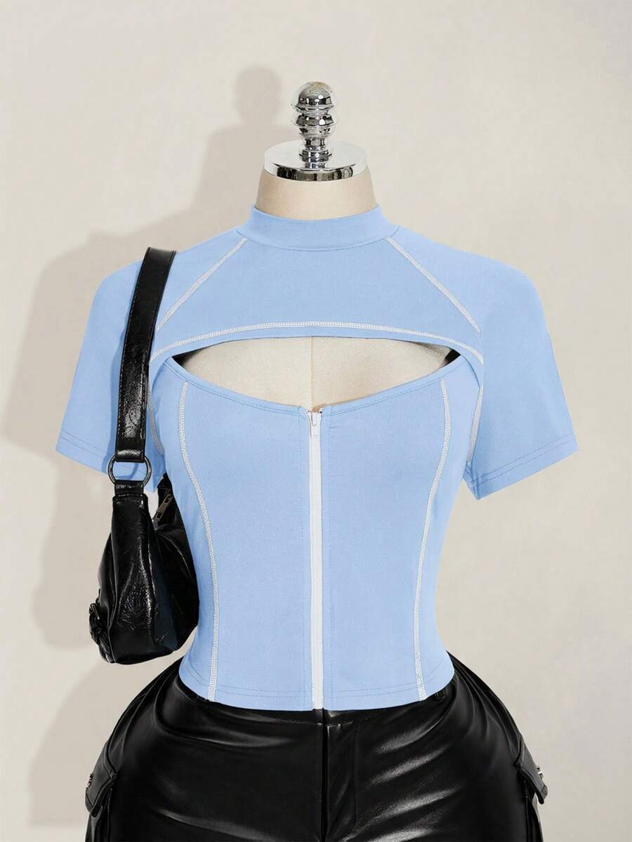 SHEIN ICON 女款大尺碼拼色立領鏤空休閒百搭日常穿著T恤 - 藍色 - 查看 1