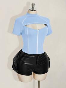 SHEIN ICON 女款大尺碼拼色立領鏤空休閒百搭日常穿著T恤 - 藍色 - 查看 7