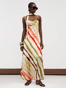 Aveloria Modichic New Vacation Style Off-White Striped Chiffon Fabric Long Spaghetti Strap Sexy Aesthetic Low Rise Dress Cowl Neck Slim Fit Summer Elegant Dinner Party - Multicolor - View 3