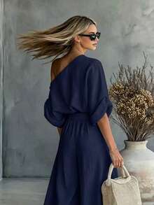 SHEIN Fiorisel طقم نسائي كاجوال يومي بلون موحد مع ملابس علوية بكتف غير متماثل وبنطلون طويل - أزرق بحري - مشاهدة 2