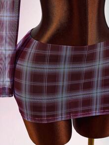 Amplova Back To School Season Triangle Cup Long Sleeve Mesh Cropped Top & Low Waist Skirt Women's Set - Multicolor - View 9