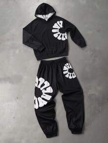 SHEIN 青少年男孩 2 件組字母印花連帽衛衣與運動長褲套裝，適合秋冬穿著 - 黑色 - 查看 5