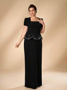 Serin Plus Size Elegant Formal Fashion Black Elastic Knit Vintage Stand Collar Puff Sleeve Petal Hem Rhinestone Back Slit Bodycon Straight Long Gown - Black - View 7
