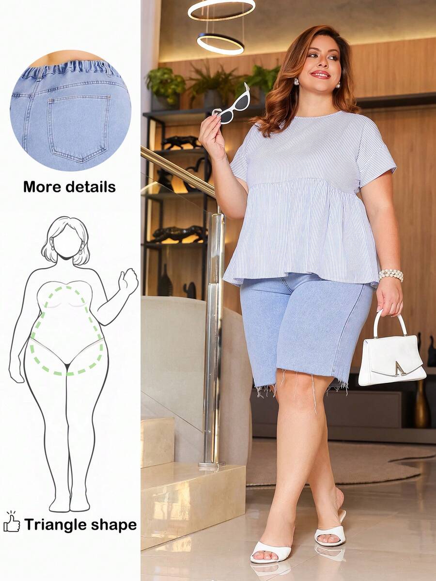 Truni Plus Size Summer Casual Washed Denim Shorts,Back To School, For Pear And Triangle Body Shape - Blue - View 1