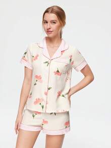 Bonmuse Conjunto de pijama con estampado floral de verano, top de manga corta con solapa y botones elegante y suave, y shorts, conjunto de ropa de dormir y de estar por casa de 2 piezas para mujer - Multicolor - Ver 6