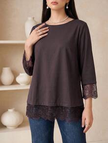 Veilorie Áo top 2 trong 1 phối ren phong cách thường ngày - màu nâu - Xem 5