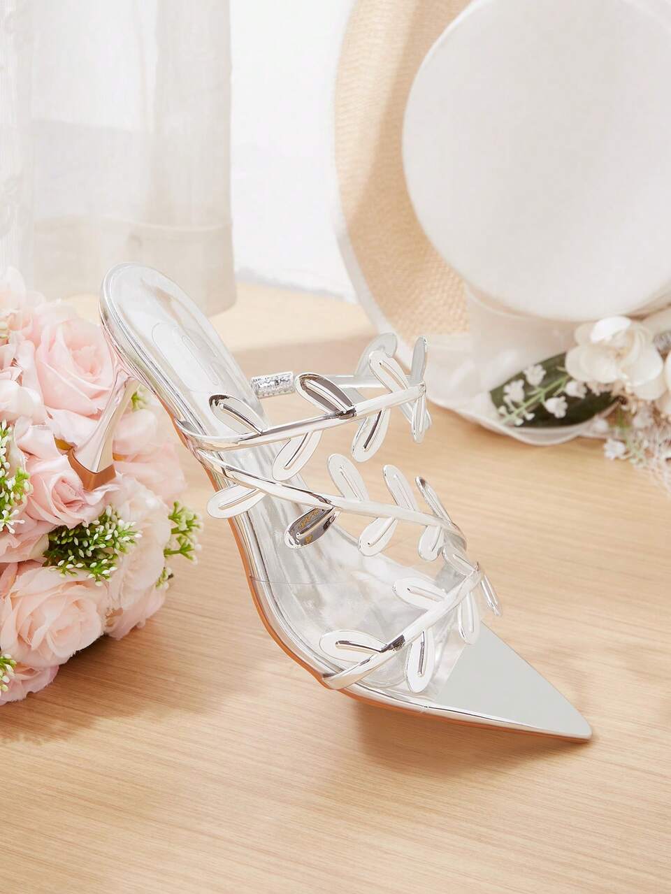 CUCCOO HITCHD Women's New Fashionable Golden Branches And Jade Leaves Transparent Open-Toed Pointed Sexy Stiletto Sandals, Elegant Temperament, Comfortable And Adva