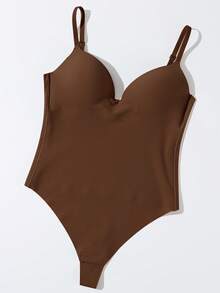 SHEIN 女款純色細肩帶背心塑身衣，1件裝 - 咖啡棕 - 查看 3