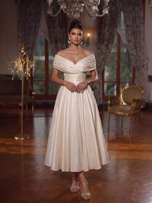 Poshira Elegant Shimmering Satin Off-The-Shoulder Backless A-Line Ball Gown, Glamorous Wedding Birthday Party Prom Dress - Apricot - View 4