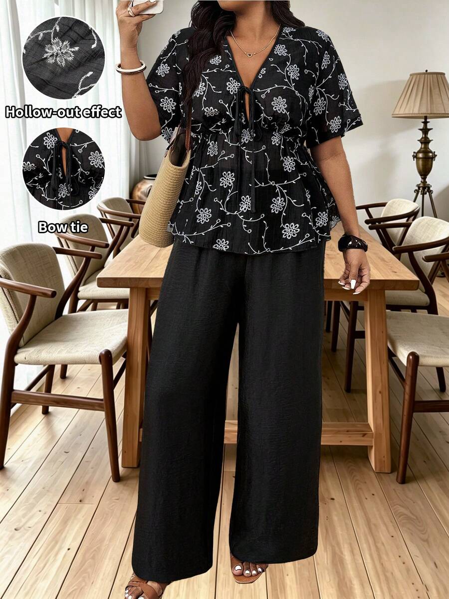 Ceyna Plus Size Women's Black And White Summer Boho Elegant Vacation Holiday French Style Short Sleeve Hollow-Out Shirt & Pallazo Pants 2 Pieces Set - Black - View 1