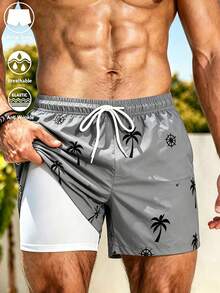 Manfinity KASUA Pantalones cortos de playa de verano con cordón y estampado de palmeras casual para hombres - Gris - Ver 1