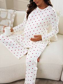 Slowluna Maternity Heart Print Side Slit Hem Long Sleeve Top And Adjustable Waist Long Pants Casual 2 Pieces Set Fall,Autumn Outfit For Women - White - View 8