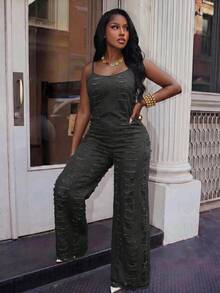 BriallanyX BriallanyX Jumpsuit Denim Wanita Super Longgar dengan Tali Bahu Tipis dan Kaki Lebar Ekstra Panjang - Dark Grey - View 5