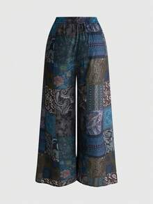 ROMWE Hippie Plus Size Vacation Style Pattern Patchwork Faux Linen Fabric Loose A-Line Long Pants - Green - View 2