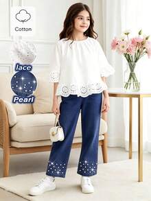 SHEIN 女童2件套甜美荷葉邊露肩上衣與珠飾牛仔長褲，適合夏季日常穿著 - 白色 - 查看 8