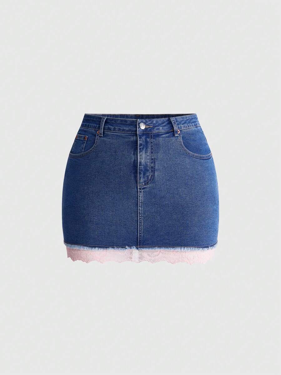ROMWE Grunge Punk Plus Size Versatile Lace Patchwork Slimming Sexy Casual Traditional High Elastic Mini Denim Skirt Formal Date Night Blue Summer - Baby Blue - View 1