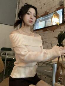 DAZY Women's Solid Color Off-Shoulder Casual Versatile Daily Long Sleeve Sweater Fall - Beige - View 3