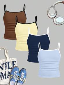 SHEIN Girlism 青少年女孩休閒極簡細肩帶修身背心上衣 夏季上衣 - 彩色 - 查看 3