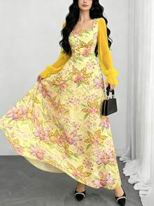 Modelyn Orchid Floral Textured Pattern Light Yellow French Style Romantic Dress, Women's Fashion Square Neck Lantern Sleeve Elegant Autumn Long Dress - Multicolor - View 5