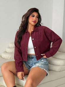 SHEIN EZwear 女款大尺碼長袖單排扣休閒酒紅色夾克 - 酒紅色 - 查看 4