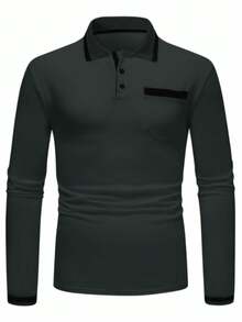 Manfinity Homme Camisa polo de manga larga con media tapeta de botones, bolsillo y estilo versátil de negocios para hombre - Gris Oscuro - Ver 4