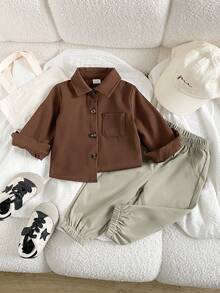 SHEIN 2pcs Baby Boy Shirt Jogger Pants Preppy Brown Sage Button Front Pocket Long Sleeve Lapel Collar Regular Back To School Fall Trousers Solid Minimalist - Multicolor - View 10