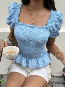 Sunnyshic Blouse courte bleu clair à col carré, volants, manches bouffantes et taille froncée - Bleu ciel - Voir 1