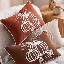 Cirelle 1pc/2pcs Corduroy Pumpkin Embroidered Lumbar Pillow Covers, Farmhouse Style Rectangular Cushion Cases For Fall & Thanksgiving With Pumpkin Vine And Leaf Pattern, Decor For Sofas, Bedrooms, Bay Windows And Homestays, Pillow Insert Not Included - Orange - View 8