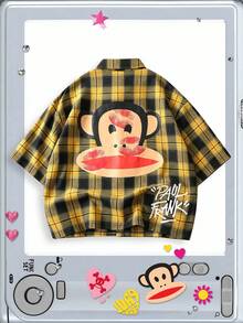 ROMWE MEN Paul Frank X ROMWE 男士夏季休閒字母印花格紋襯衫 - 黃色 - 查看 2
