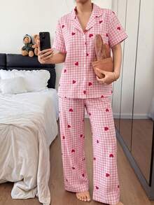 SHEIN 格紋愛心印花翻領短袖長褲女款睡衣套裝 - 彩色 - 查看 6