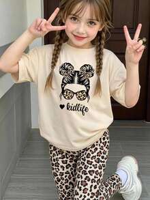Conjunto de camiseta corta básica y leggings de estilo casual y cómodo para uso diario en primavera, verano y otoño, con diseño de niña con moño, estampado de leopardo, gafas de sol con forma de corazón y eslogan gráfico, adecuado para niñas - Multicolor - Ver 2