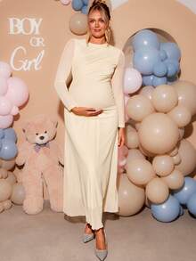 Loomaby Elegant Maternity Solid Color Party Photoshoot Dress, Gender Reveal Dress, Baby Shower Dress, Wedding, Birthday Autumn Allover White - Yellow - View 9