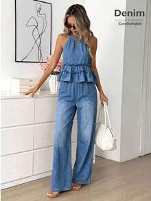 Easowa Damen-Neckholder-Top mit Rüschensaum und Hose, lässiges Denim-Set - Schwarz - Übersicht 9