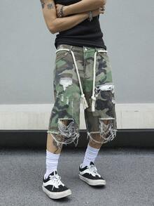 Manfinity EMRG 男士大尺碼迷彩做舊設計休閒日常穿著牛仔短褲 - 軍綠色 - 查看 6