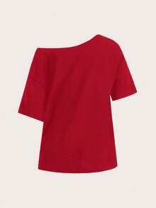 SHEIN EZwear 休閒極簡落肩女款T恤，適合夏季、7月4日日、日常通勤、約會、聚會、秋冬春夏、聖誕節、新年、感恩節、派對、婚禮、海灘、畢業、時尚、優雅、休閒、外出、約會、預約、通勤 - 紅色 - 查看 2