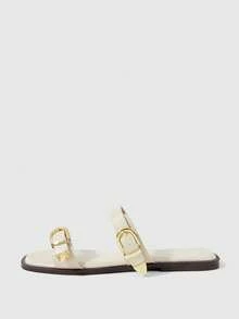 Sleekvia Sepatu Wanita Musim Semi dan Musim Panas Baru Aprikot Ujung Persegi Sandal Datar Nyaman Serbaguna Sandal Luar Ruangan Logam - Aprikot - View 4