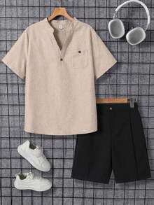 SHEIN 青少年男童休闲V领短袖衬衫短裤套装，舒适时尚，百搭柔软面料，适合日常穿着、上学、郊游、音乐节、假期、派对、夏季海滩度假、夏日氛围、各种节日活动。 - 杏色 - 查看 4