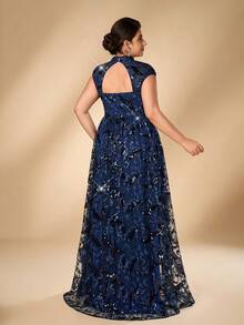 Serin Luxury Plus Size Elegant Glamorous Navy Blue Sequin Embroidered Hollow Out Stand Collar Cap Sleeve A-Line Formal Maxi Dress - Navy Blue - View 2