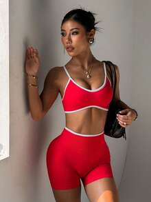 Slayform Slayform 2件組女款對比飾邊無縫瑜伽運動服套裝，紅白配色夏季性感健身運動服，單車褲與運動內衣夏季穿搭套裝 - 紅色 - 查看 4